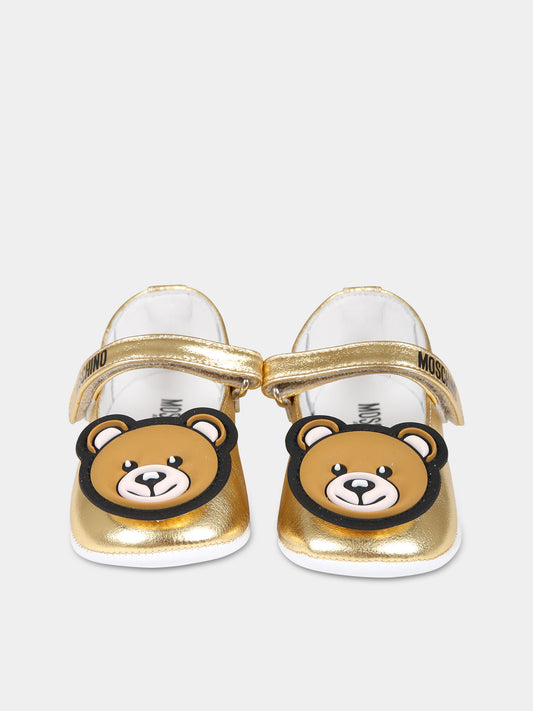 Ballerine oro per neonata con logo e Teddy Bear,Moschino Kids,75805 1