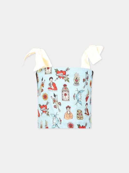Top celeste per bambina con stampa,Parsmei,DOR/GIR/TOP/FRI