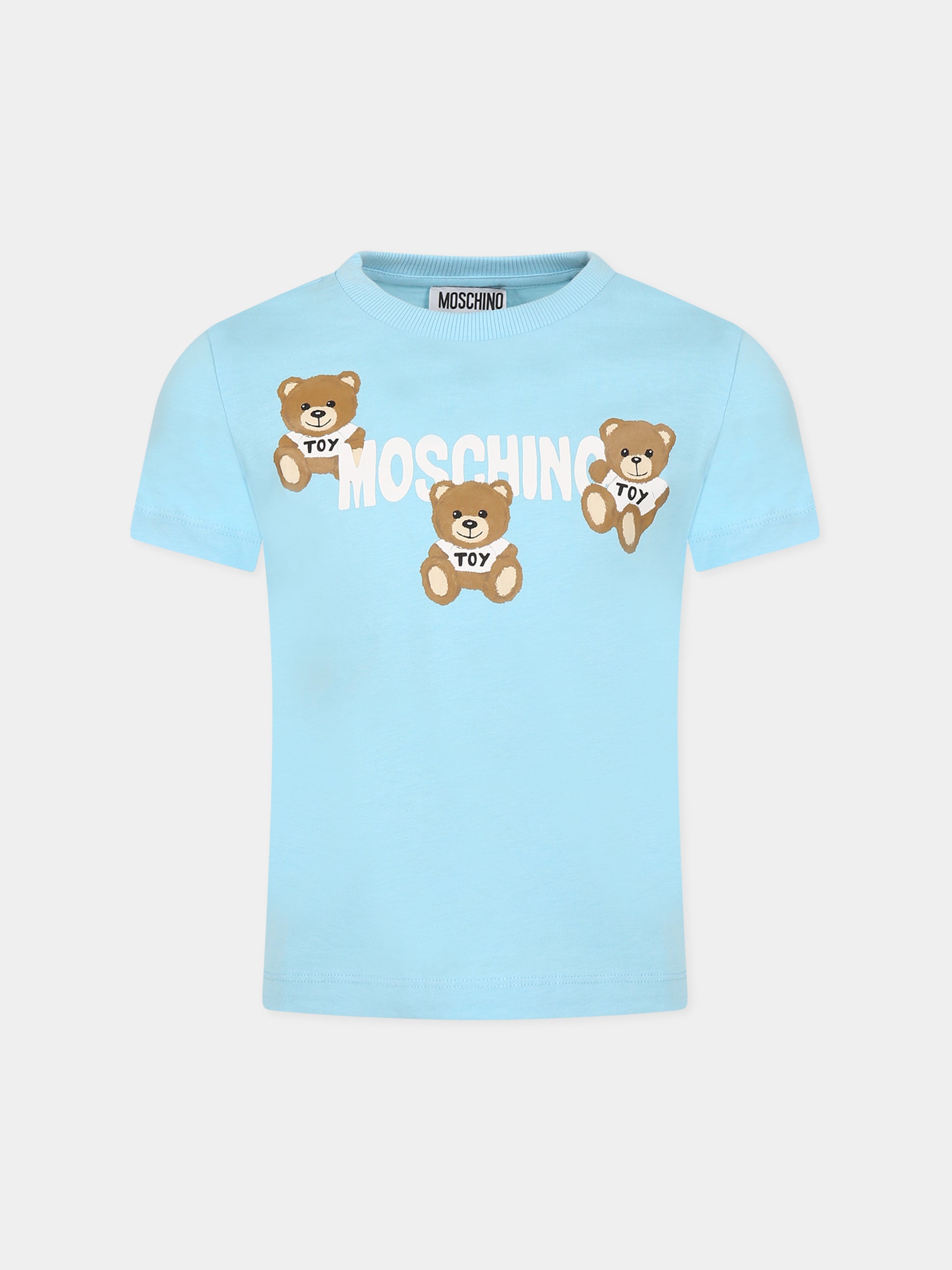 T-shirt celeste per bambini con tre Teddy Bear e logo,Moschino Kids,HUM04B LAA23 41020