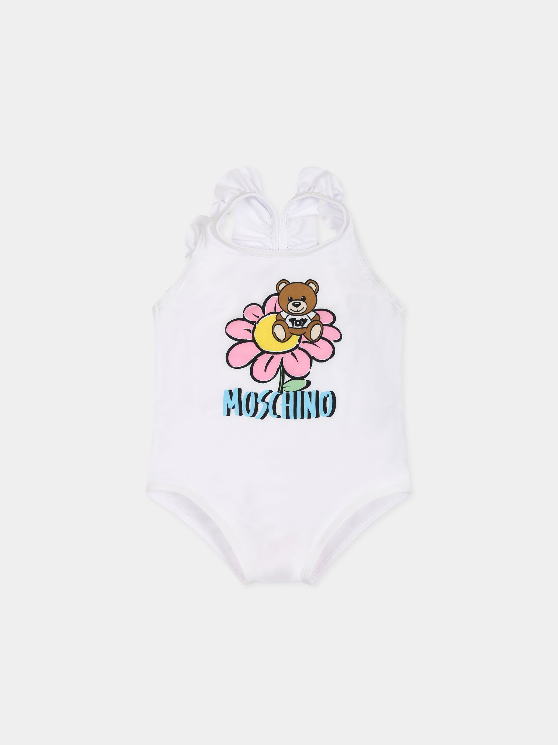 White swimsuit for baby girl with Teddy Bear and logo,Moschino Kids,MDL00L LKA00 10101