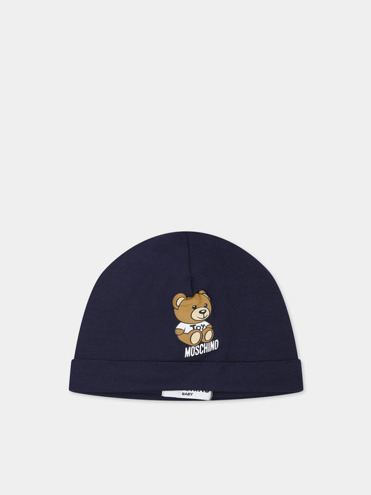 Cappello blu per neonati con Teddy Bear,Moschino Kids,MUX04E LBA10 40016