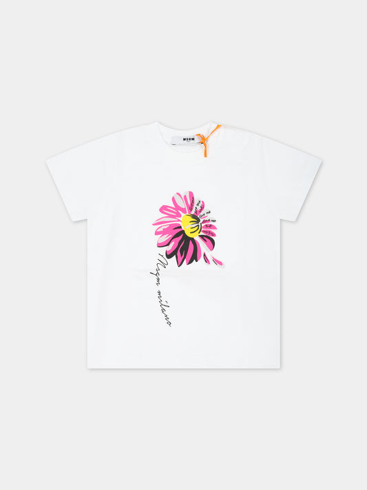 T-shirt bianca per neonata con logo e fiore,Msgm Kids,MS029384 001